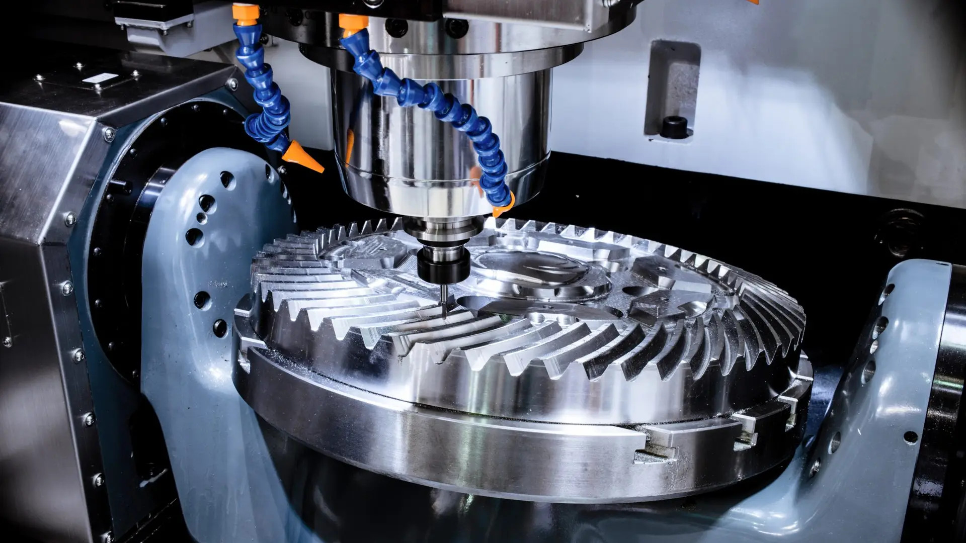 5 axis CNC machining center producing complex precision parts