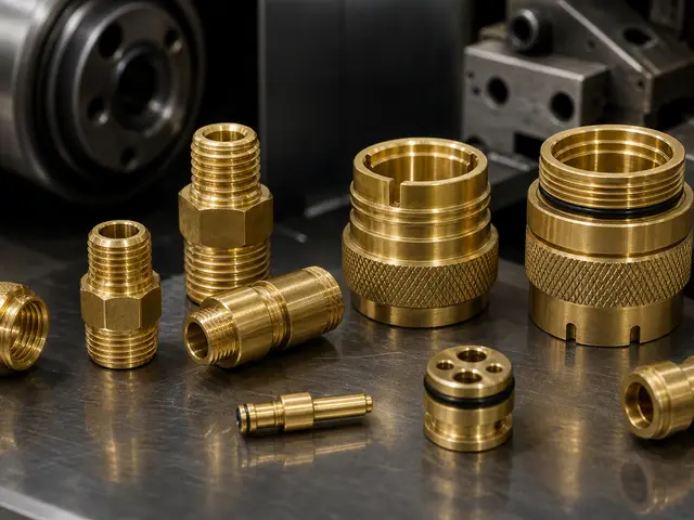 CNC turned brass connectors, couplings, and threaded fittings arranged on a dark steel inspection surface