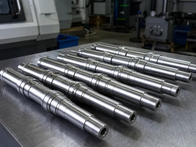 Stainless steel CNC turned shafts with stepped diameters, thread ends, and bearing-seat features on a workshop inspection table