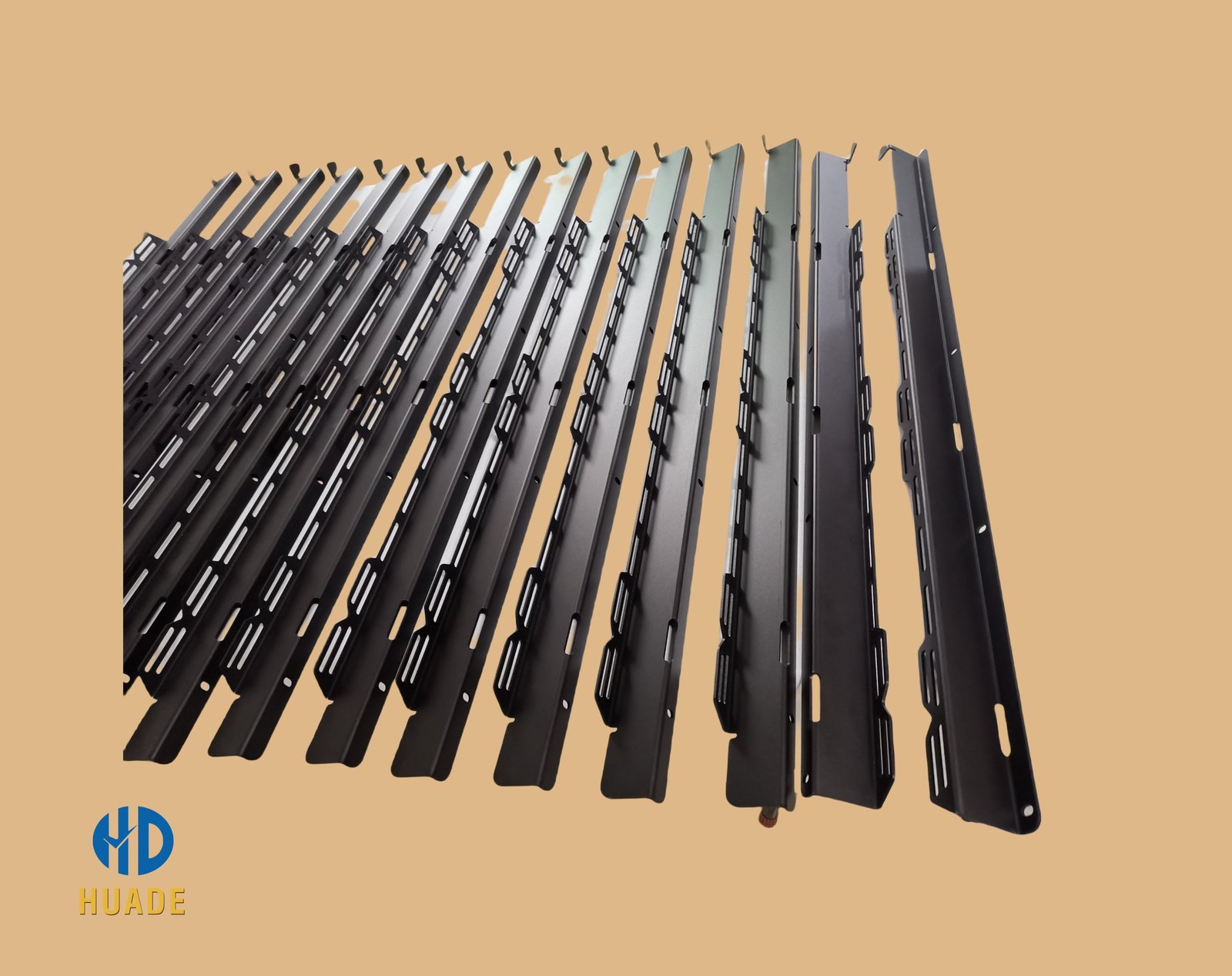 Long powder coated sheet metal rails