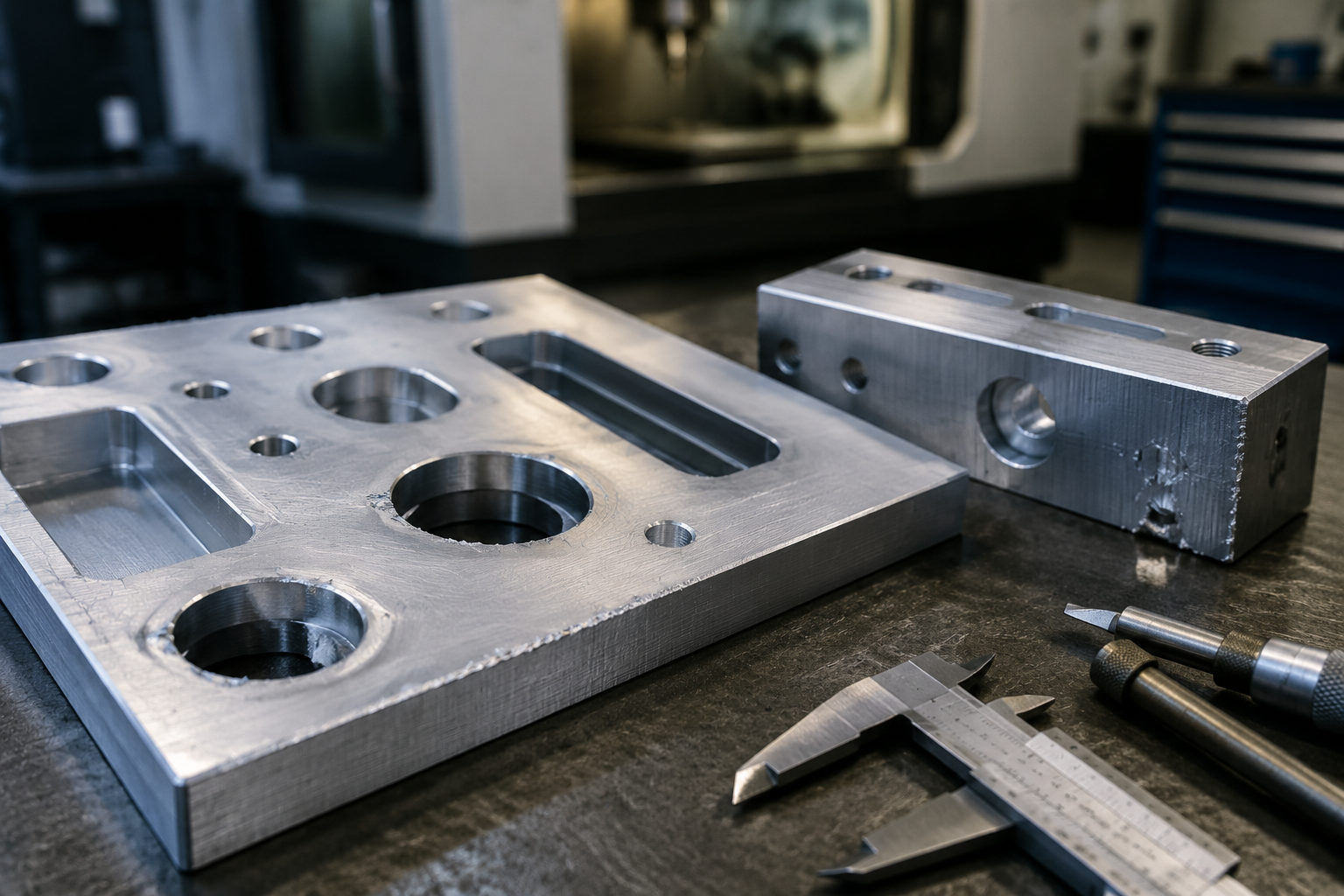 Close-up CNC machined aluminum plate showing edge burrs, hole burrs, slot burrs, and inspection tools