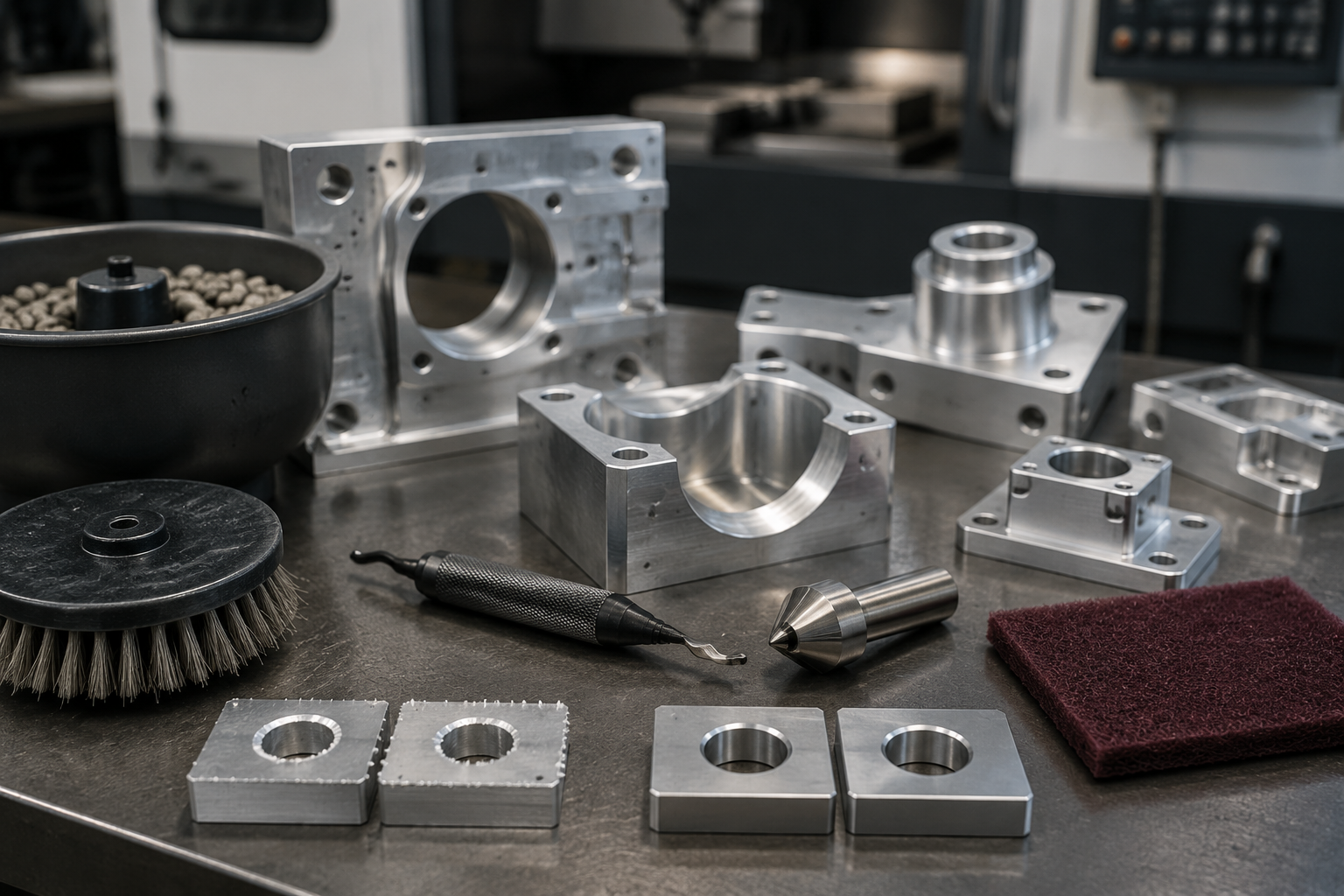 Deburring methods for CNC machined aluminum parts including scraper, chamfer tool, brush, abrasive pad, and vibratory media